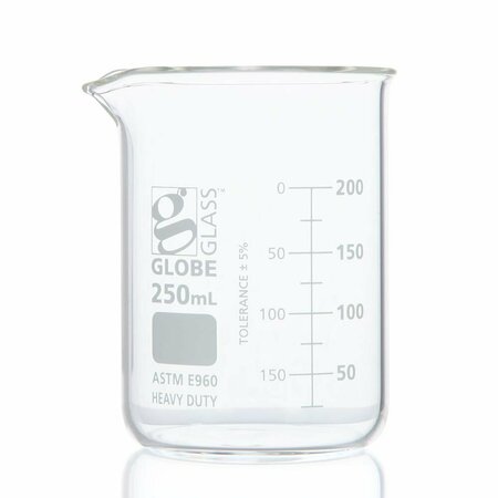 GLOBE SCIENTIFIC Beaker, Globe Glass, 250mL, Low Form Griffin Style, Heavy Duty, Dual Graduations, ASTM E960, 12PK 8020250